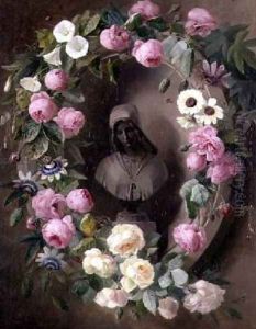 Garland with Roses and Passion Flowers Around a Bust of a Saint by Henrietta de Longchamp