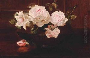 Roses in a bowl on a table by Henrietta de Longchamp