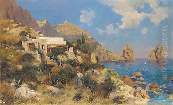 A lady by a coastline cottage in Capri - view 1