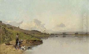 Paysage Vallonne avec des personages aupres d'un Lac by Paul Lecomte