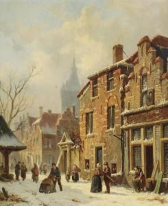 Numerous Townspeople In A Snow-covered Street, Delft