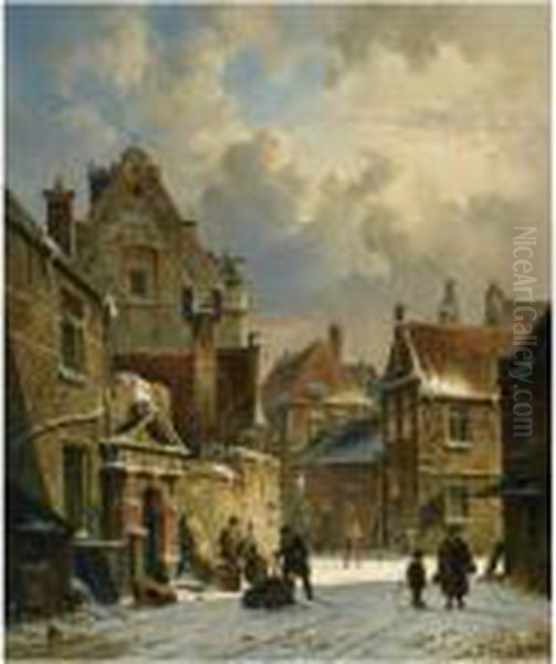 Figures In The Streets Of A Dutch Town In Winter - view 1