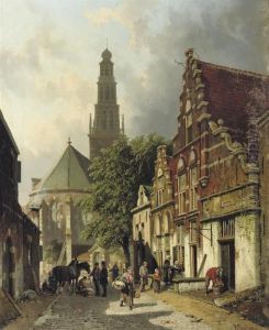 Townspeople In A Sunlit Street In Haarlem With The Waalse Kerkbeyond