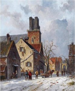Figures In The Snow Covered Streets Of Ransdorp by Adrianus Eversen