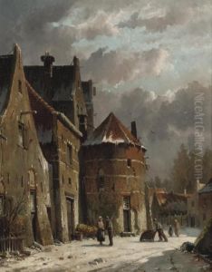 Villagers Conversing In A Snow Covered Street by Adrianus Eversen