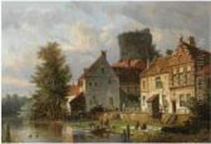 Many Figures In A Waterfront Town by Adrianus Eversen