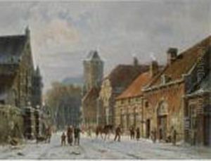 Figures In The Streets Of A Wintry Town by Adrianus Eversen