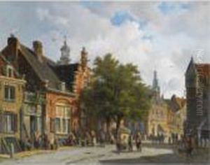 Figures In The Sunlit Streets Of A Dutch Town by Adrianus Eversen