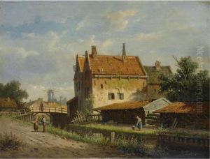 Figures Near A Canal In A Dutch Town by Adrianus Eversen