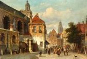 Many Figures On A City Square by Adrianus Eversen