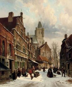 Numerous Figures In A Dutch Street In Winter by Adrianus Eversen