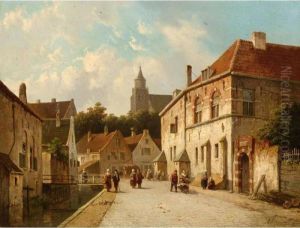 Figures Along A Canal In A Dutch Town by Adrianus Eversen