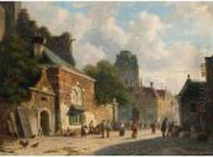 A Busy Street In A Dutch Town by Adrianus Eversen