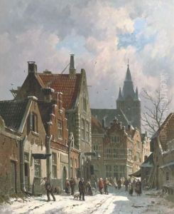 A Busy Street In Delft In Winter by Adrianus Eversen