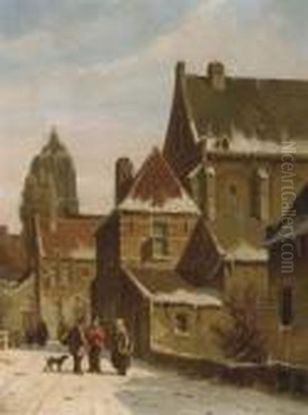 Townspeople Conversing In A Dutch Town In Winter - view 1