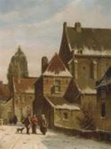 Townspeople Conversing In A Dutch Town In Winter by Adrianus Eversen