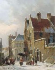 Townsfolk In A Snow Covered Street by Adrianus Eversen