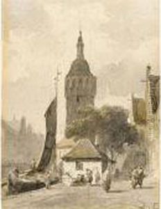 A Town View With Figures Near A Ship; A Town View by Adrianus Eversen