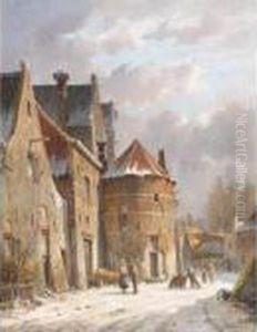 Villagers In A Snow-covered Street by Adrianus Eversen
