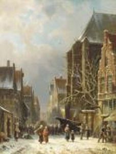 A Busy Street In Winter by Adrianus Eversen