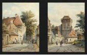 Figures Near A Town Gate; A Streetscene In A Dutch Town by Adrianus Eversen