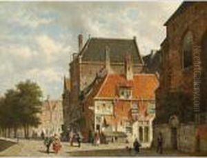 Villagers In The Streets Of A Sunlit Dutch Town by Adrianus Eversen