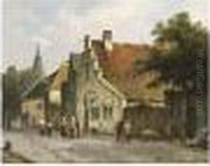Villagers In The Streets Of A Dutch Town by Adrianus Eversen