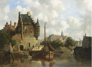 Moored Boats By A Dutch Town by Adrianus Eversen