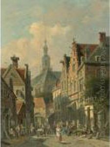 Villagers In A Dutch Town by Adrianus Eversen