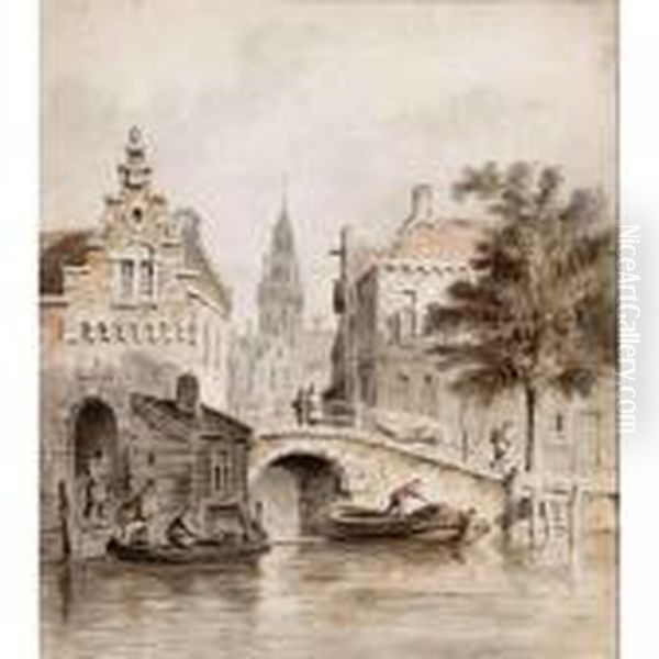 A Townview With Men Unloading A Barge - view 1
