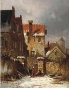 Figures Conversing In A Dutch Town In Winter by Adrianus Eversen