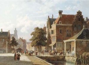 Figures By A Canal In A Sunlit Dutch Town by Adrianus Eversen
