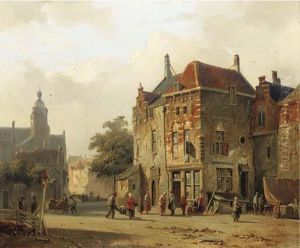 Numerous Figures On A Sunlit Town Square