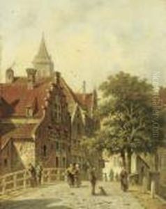 Figures On A Bridge In A Dutch Town by Adrianus Eversen