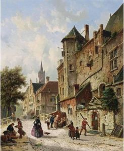 Villagers In The Streets Of A Dutch Town by Adrianus Eversen