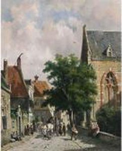 A Busy Street In A Dutch Town by Adrianus Eversen