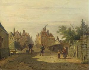 Figures On The Bridge By The Bikkereiland, Amsterdam by Adrianus Eversen