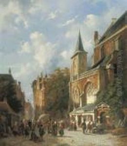 A Bustling Street By A Church In A Dutch Town by Adrianus Eversen