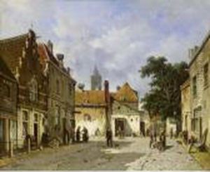Townsfolk In A Sunlit Street by Adrianus Eversen