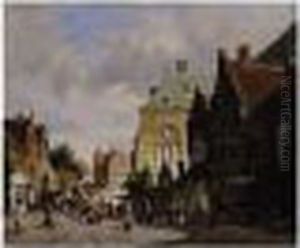 A View Of A Sunlit Dutch Town by Adrianus Eversen