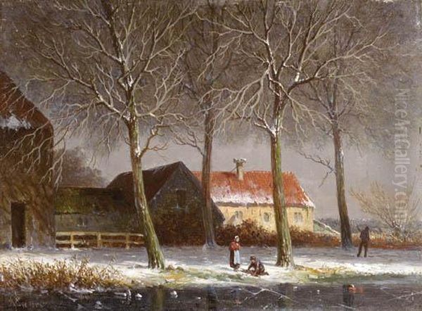 Peasants On A Tree-lined Snowcovered Track, With Farms Beyond - view 1