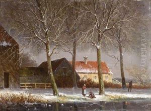 Peasants On A Tree-lined Snowcovered Track, With Farms Beyond by Adrianus Eversen