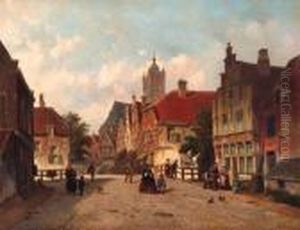 A Sunlit Townview With Elegant Figures Strolling Near A Bridge