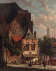 Numerous Townsfolk Visiting A Market On A Church Square