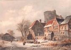 A Snow-covered Village With Figures On A Frozen Waterway by Adrianus Eversen