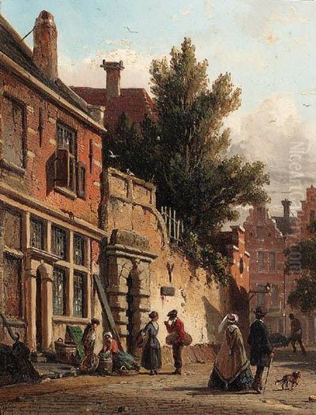 A Town View With A Man Selling Vegetables And A Couple Passingby - view 1