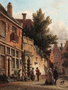 A Town View With A Man Selling Vegetables And A Couple Passingby