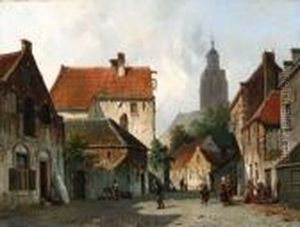 View Of A Town With Figures In A Sunlit Street