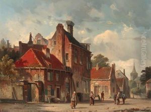 View Of A Town With Figures In A Sunlit Street by Adrianus Eversen