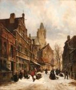 A Winter Street Scene by Adrianus Eversen